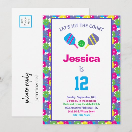 Colorful Pickleball B-day party + RSVP Kaart (Voorkant / Achterkant)
