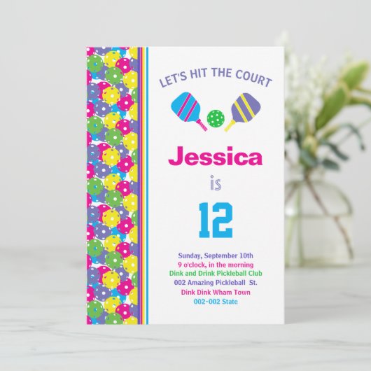Colorful Pickleball B-day party + RSVP Uitnodiging (Staand voorkant)