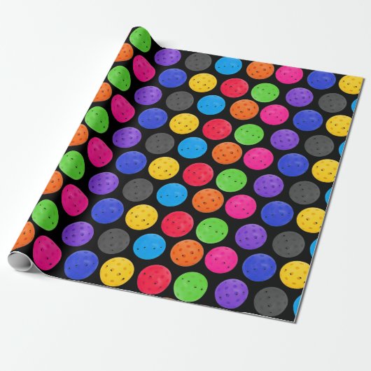Colorful Pickleball op zwart Cadeaupapier (Uitgerold)