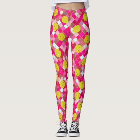 Colorful Pink Geometric Diamond Fun Pickleball Leggings (Voorkant)