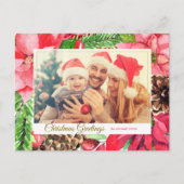 Colorful Pink Poinsettias en Pine Photo Feestdagenkaart (Voorkant)