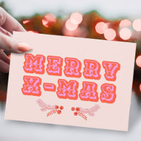 Colorful Pink + Red Merry X-Mas Flat Holiday Kaart