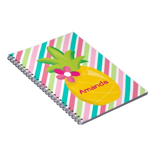 Colorful Pink Stripes Yellow Pineappel Notitieboek (Rechterzijde)