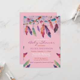 Colorful Pink Waterverf Feathers Baby shower Kaart