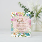 Colorful Pink Yellow Floral Script Baby shower Kaart (Staand voorkant)