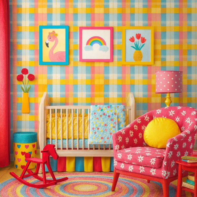 Colorful Plaid Pink Yellow and Blue  Behang ( Vibrant pastel plaid wallpaper that brightens any nursery with cheerful, playful color. (mockup) )
