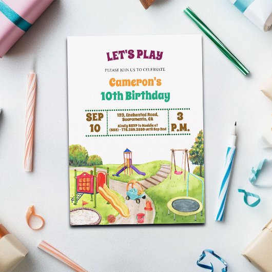 Colorful Playground Party 10th Birthday Invitation Kaart