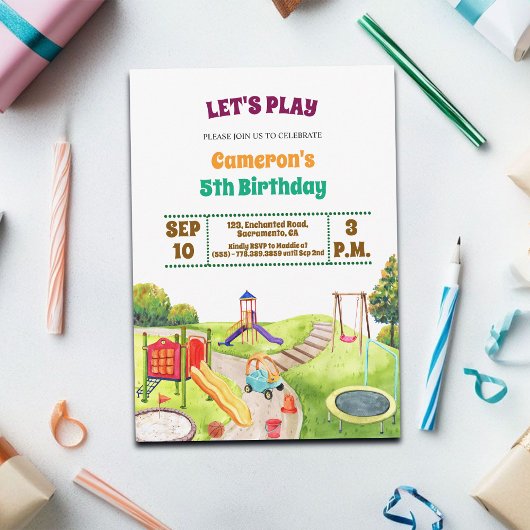 Colorful Playground Party 5th Birthday Invitation Kaart