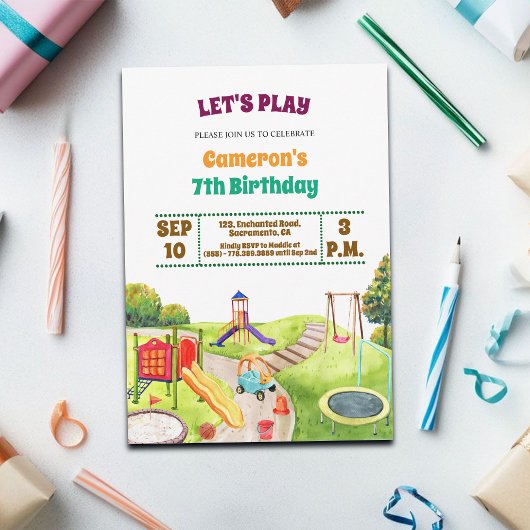 Colorful Playground Party 7th Birthday Invitation Kaart