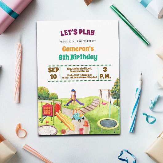 Colorful Playground Party 8th Birthday Invitation Kaart