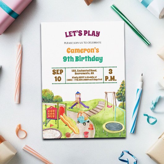 Colorful Playground Party 9th Birthday Invitation Kaart