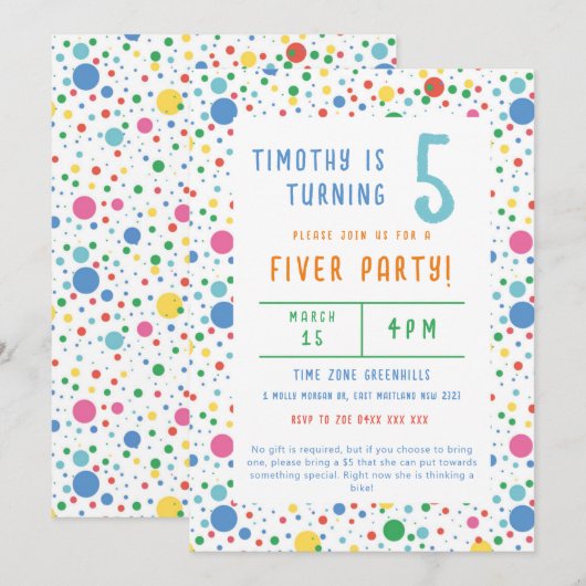 Colorful Pokadot Fiver Party Birthday Uitnodiging (Voorkant / Achterkant)