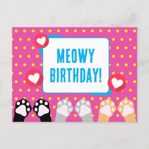 Colorful Polka Dot Cat Paws Up Happy Birthday Briefkaart