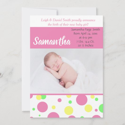 Colorful Polka Dots | Baby Girl Fotogeboorte Aankondiging (Voorkant)