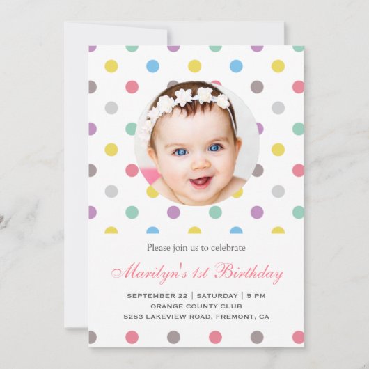 Colorful Polka Dots First Birthday Invitation Kaart (Voorkant)