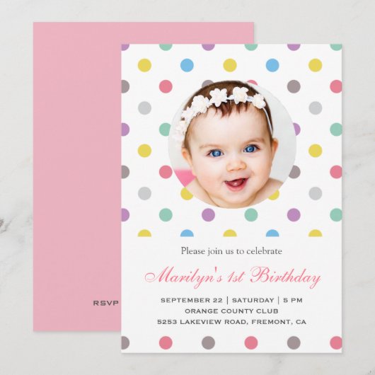Colorful Polka Dots First Birthday Invitation Kaart (Voorkant / Achterkant)
