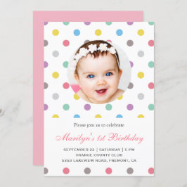 Colorful Polka Dots First Birthday Invitation Kaart