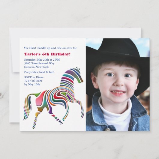 Colorful Pony Foto Birthday Party Invitation Kaart (Voorkant)