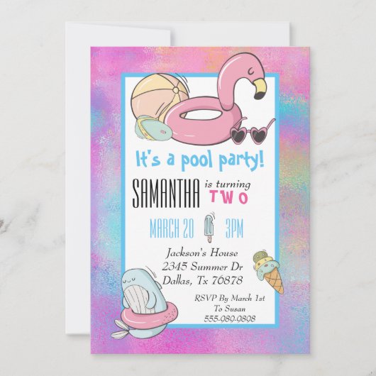 Colorful Pool Birthday Party Flamingo Ice Cream Kaart (Voorkant)