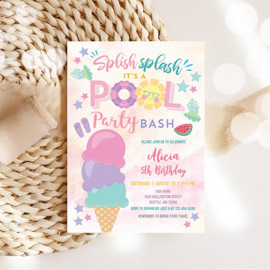 Colorful Pool Party Birthday Invitation Kaart