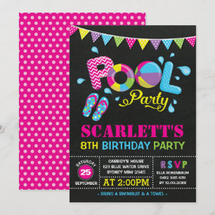 Colorful Pool Party Girls Birthday Swimming Kaart