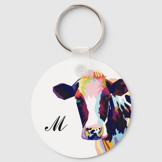 Colorful Pop Art Koe Monogramed Sleutelhanger (Voorkant)