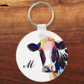 Colorful Pop Art Koe Monogramed Sleutelhanger (Voorkant)