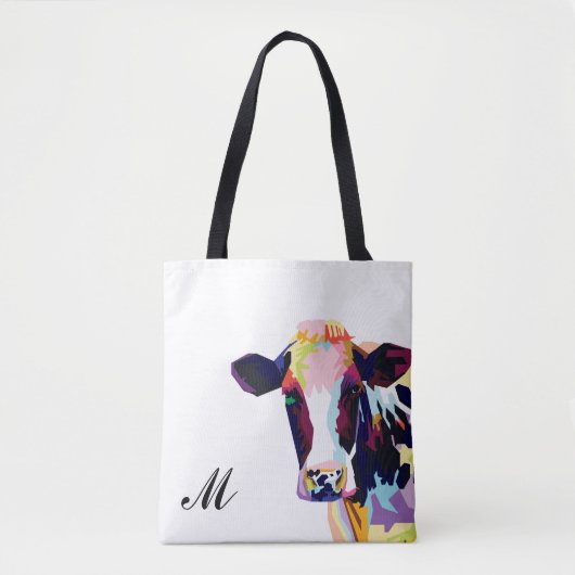 Colorful Pop Art Koe Monogramed Tote Bag (Voorkant)