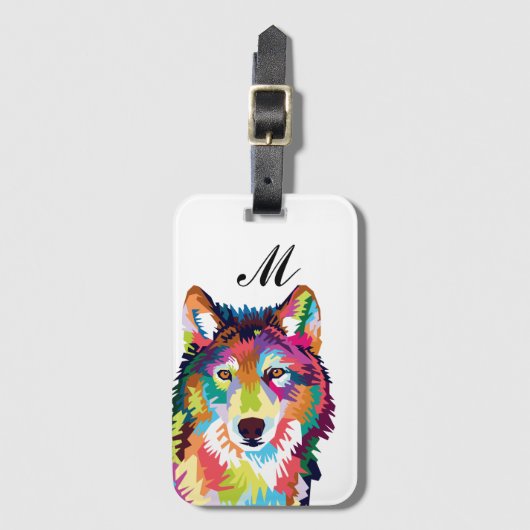 Colorful Pop Art Wolf Monogrammed Bagagelabel (Voorkant (verticaal))