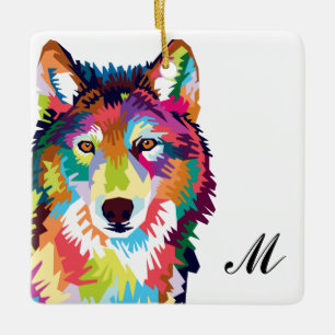 Colorful Pop Art Wolf Monogrammed Keramisch Ornament