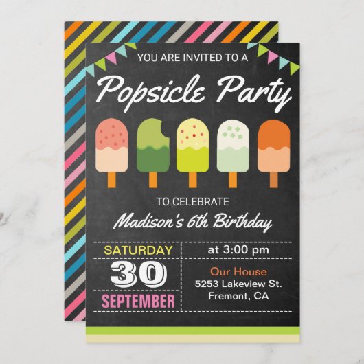 Colorful Popsial Kids Birthday Party Invitation Kaart (Voorkant / Achterkant)