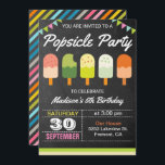 Colorful Popsial Kids Birthday Party Invitation Kaart<br><div class="desc">Verbaasd je gasten met deze kleurrijke verjaardagsfeestdag die leuke ijsjes met moderne typografie uitnodigen tegen een achtergrond van een krijtbord. Voeg eenvoudig uw gebeurtenisdetails op deze makkelijk te gebruiken sjabloon toe om het één-van-een-soort uitnodiging te maken. Draai de kaart om een kleurrijk strepenpatroon op de achterkant van de kaart te...</div>