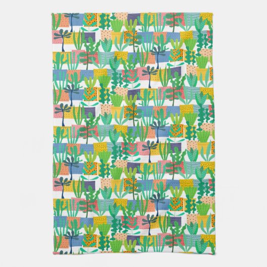 Colorful Pots and Cactus Pattern Theedoek (Verticaal)