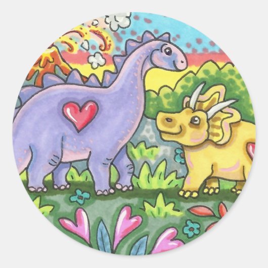 COLORFUL PREHISTORISCHE DINOSAURS, KUTE DINO FRIEN RONDE STICKER (Voorkant)