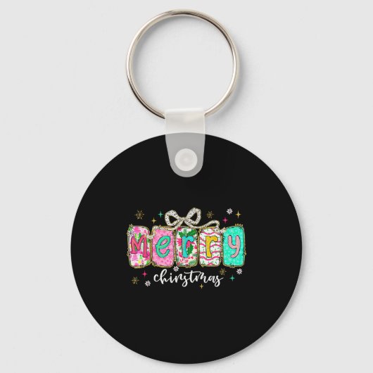 Colorful Preppy Merry Christmas Funny Coquette Bow Sleutelhanger (Voorkant)