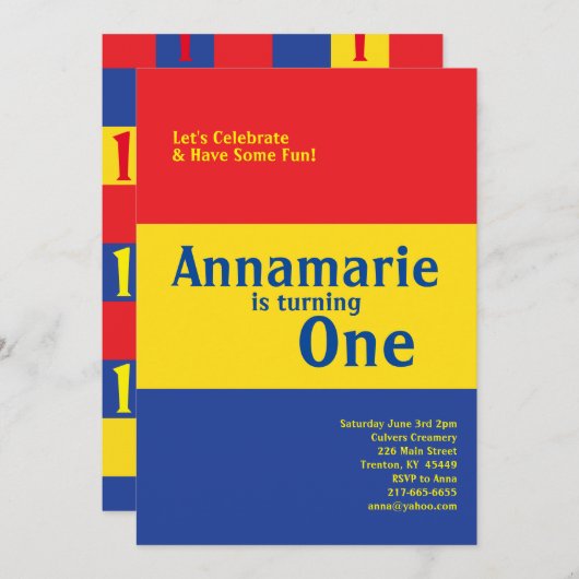 Colorful Primary 1st Birthday Cute Invitations Kaart (Voorkant / Achterkant)