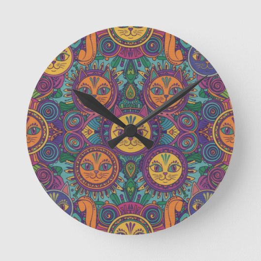 Colorful Psychedelic Cat Wall Clock Ronde Klok (Voorkant)