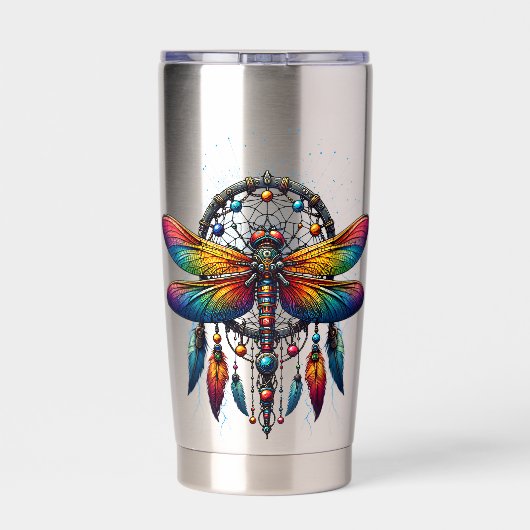 Colorful Psychedelic Dragonfly Dreamcatcher Boho Geïsoleerde Drinkbeker (Achterkant)