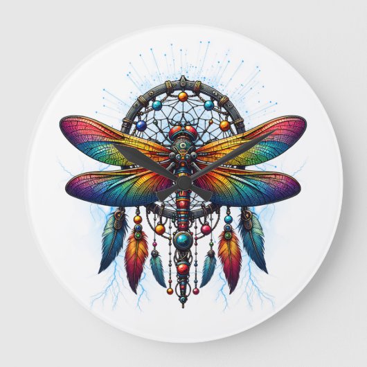 Colorful Psychedelic Dragonfly Dreamcatcher Boho Grote Klok (Voorkant)