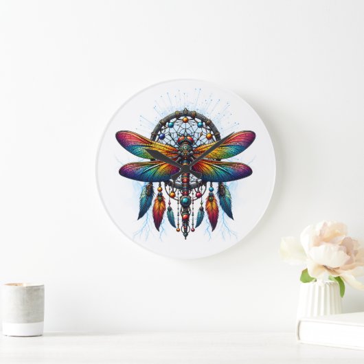 Colorful Psychedelic Dragonfly Dreamcatcher Boho Grote Klok (Huis)