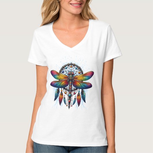 Colorful Psychedelic Dragonfly Dreamcatcher Boho T-shirt (Voorkant)