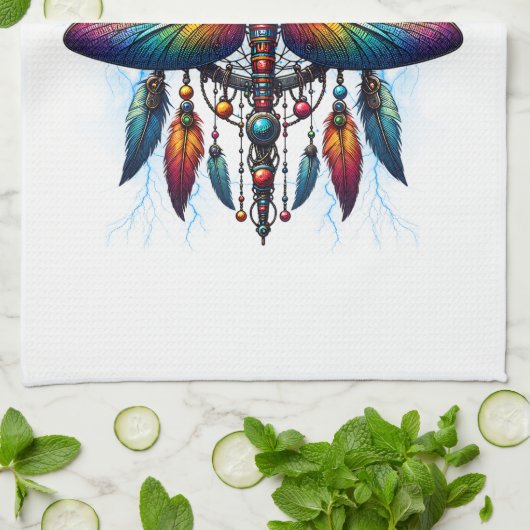 Colorful Psychedelic Dragonfly Dreamcatcher Boho Theedoek (Gevouwen)