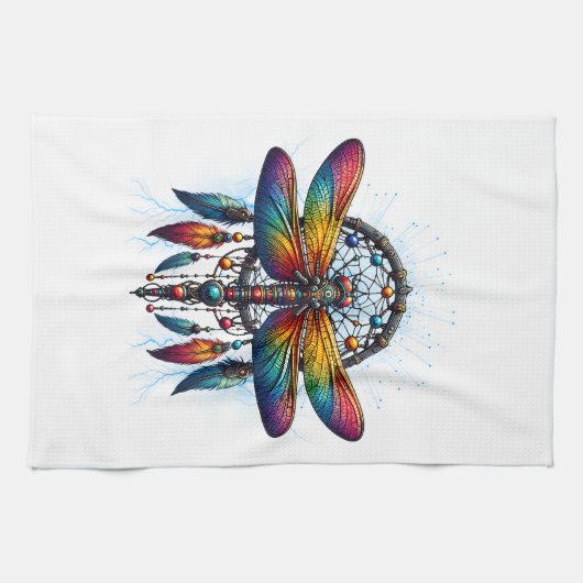 Colorful Psychedelic Dragonfly Dreamcatcher Boho Theedoek (Horizontaal)