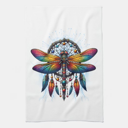 Colorful Psychedelic Dragonfly Dreamcatcher Boho Theedoek (Verticaal)
