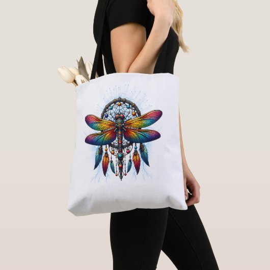 Colorful Psychedelic Dragonfly Dreamcatcher Boho Tote Bag (Dichtbij)