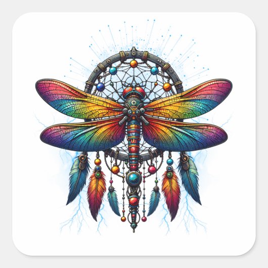 Colorful Psychedelic Dragonfly Dreamcatcher Boho Vierkante Sticker (Voorkant)