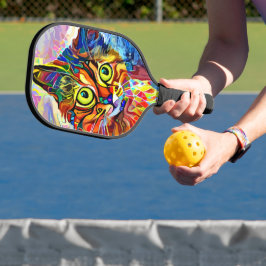 Colorful Psychedelic Painted Cat Monogram Pickleball Paddle