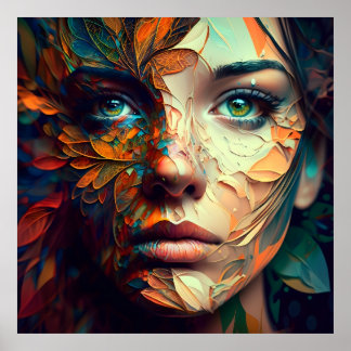 Colorful Psychedelic Vrouw Face AI Generated art Poster