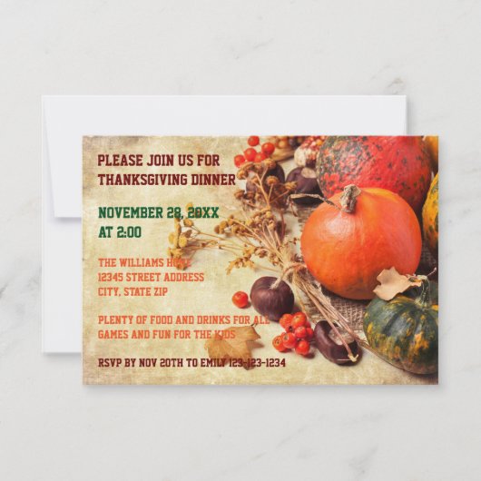 Colorful Pumpkins - 3x5 Thanksgiving Dinner Invite Kaart (Voorkant)