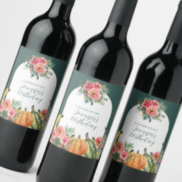 Colorful Pumpkins Fall Pink Floral Birthday Party Wijn Etiket